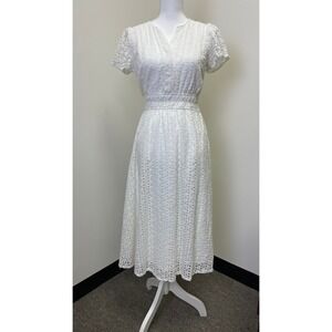 Joie White Eyelet Cotton Midi Dress Small Smocked Waist V-Neck  Bohemian